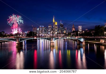Frankfurt am Main, Hessen, Germany - August 07, 2017: Fireworks in Frankfurt am Main city during Mainfest in Frankfurt, Germany