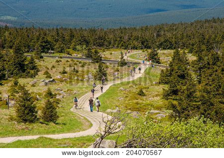 Brocken Germany - May 27. 2017: tourists hiking towards the top of Brocken mountain