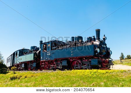 Brocken Germany - May 27. 2017: Steam train arriving at Brocken Train station