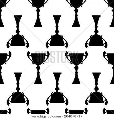 Winner trophy cup seamless pattern. Black simple silhouette texture. Championship prize for first place. Vector illustration.