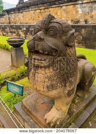 JOGJA, INDONESIA - AUGUST 12, 2O17: Lion Sculpture guarding the stair entrance to the top of Borobudur, Central Java, Indonesia.