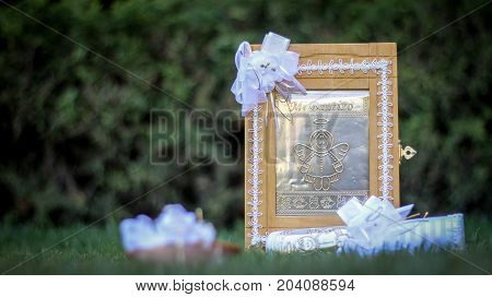 wooden box to keep bible and candle for baptism by hand