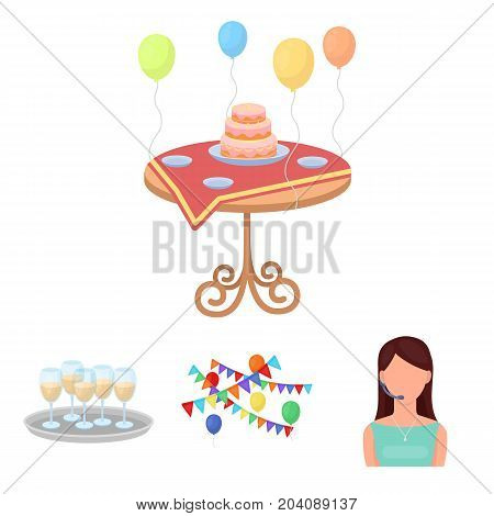 Garland with flags and balls, leading celebration with a microphone, a tray with glasses with champagne, a table covered with a tablecloth with plates, cake and balls. Event services set collection icons in cartoon style vector symbol stock illustration .