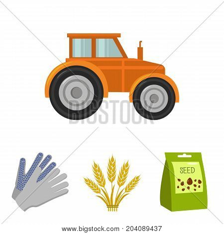 Spikelets of wheat, a packet of seeds, a tractor, gloves.Farm set collection icons in cartoon style vector symbol stock illustration .