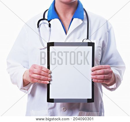 Doctor holding a blank white board isolated.
