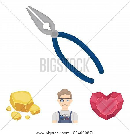 Jeweler, pliers, gold ore, garnet in the form of heart. Precious minerals and jeweler set collection icons in cartoon style vector symbol stock illustration .
