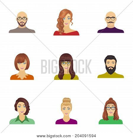 Appearance of the girl in glasses, a guy with a hairdo, a bald man with a beard and other varieties of face. Faces and appearance set collection icons in cartoon style vector symbol stock illustration .