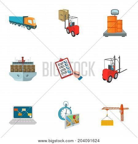 Forklift, cargo plane, goods, documents and other items in the delivery and transportation. Logistics and delivery set collection icons in cartoon style isometric vector symbol stock illustration .