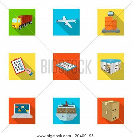 Forklift, cargo plane, goods, documents and other items in the delivery and transportation. Logistics and delivery set collection icons in flat style isometric vector symbol stock illustration .