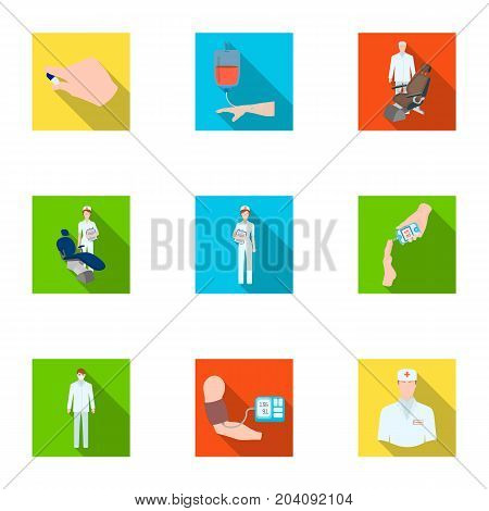 Injured in a stroller, blood transfusion, blood sugar test, doctor, medical staff. Medicine set collection icons in flat style vector symbol stock illustration .