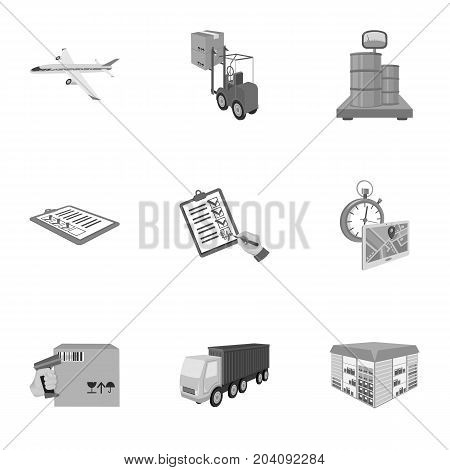 Forklift, cargo plane, goods, documents and other items in the delivery and transportation. Logistics and delivery set collection icons in monochrome style isometric vector symbol stock illustration .