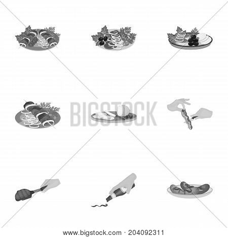 Fried chicken, cooking chop, slicing vegetables, shish kebab and other elements of cooking. Food and Cooking set collection icons in monochrome style vector symbol stock illustration .