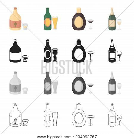 Strong tequila, beer, liquor, champagne, low alcohol. Alcohol set collection icons in cartoon black monochrome outline style vector symbol stock illustration .