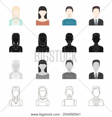 The face of a man with a mustache and beard, a girl with pigtails, the appearance of a businessman, a girl with a hair. Face and appearance set collection icons in cartoon black monochrome outline style vector symbol stock illustration .