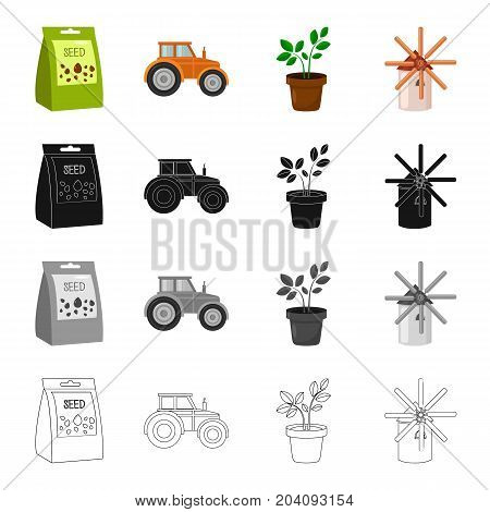 A package with seeds, a farm tractor, a potted plant, a windmill. Farm set collection icons in cartoon black monochrome outline style vector symbol stock illustration .