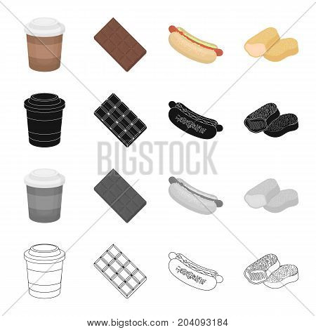 Coffee take-away, chocolate tile, hot dog food, nugget. Fast food set collection icons in cartoon black monochrome outline style vector symbol stock illustration .