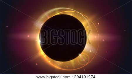 Glow light effect. The planet covering the Sun in eclipse, Moon passes between planet Earth and Sun. Solar eclipse, astronomical phenomenon - full sun eclipse. Light rays and lens flare backdrop.