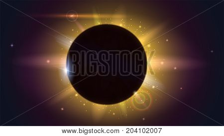 Glow light effect. Star burst with sparkles. Solar eclipse, astronomical phenomenon - full sun eclipse. Light rays and lens flare horizontal backdrop. The planet covering the Sun in eclipse