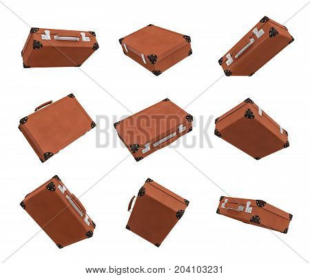 3d rendering of many brown vintage suitcases in closed state hanging on white background in different angles. Traveling baggage. Business case. Travel in style.
