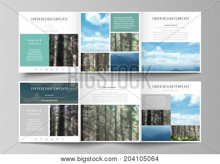 Set of business templates for tri fold square design brochures. Leaflet cover, abstract flat layout, easy editable vector. Colorful background made of triangular or hexagonal texture for travel business, natural landscape in polygonal style.
