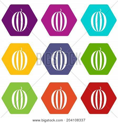 Striped melon icon set many color hexahedron isolated on white vector illustration