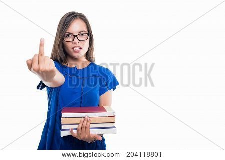 Portrait Of Student Girl Holding Books Showing Middle Finger