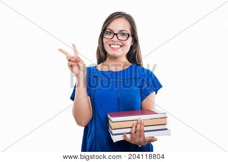 Portrait Of Student Girl Holding Books Shoeing Peace