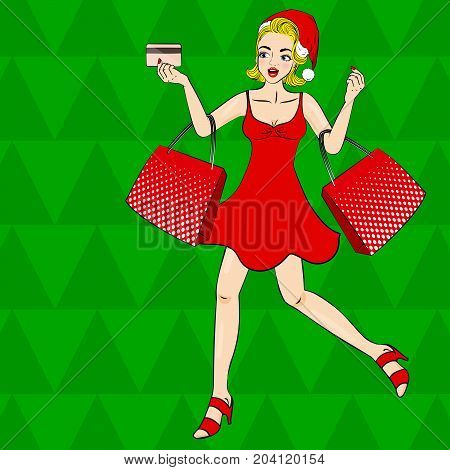 cartoon pop of woman with merry christmas on the green background