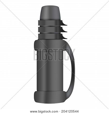 Black thermos mockup. Realistic illustration of black thermos vector mockup for web design isolated on white background