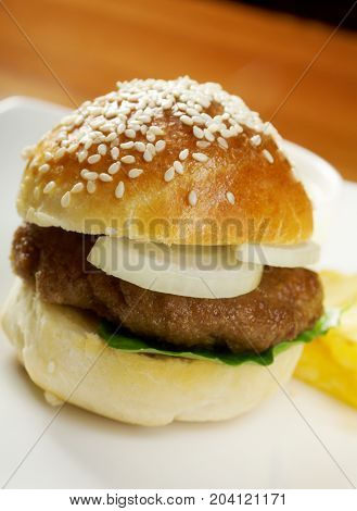 Hamburger with french fries.   , close up meal