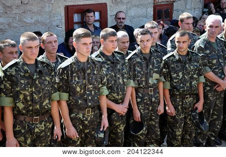 Rosokhach - Chortkiv - Ukraine - September 5 2014. Villagers and district Rosokhach say goodbye to Ukrainian soldier killed in Donbas in the war with Russia