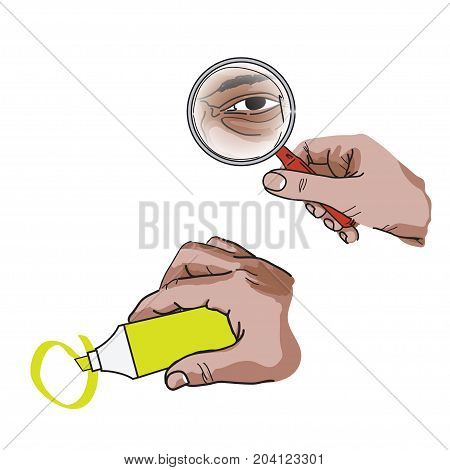 Search and mark illustrations with hands holding items methaphorical