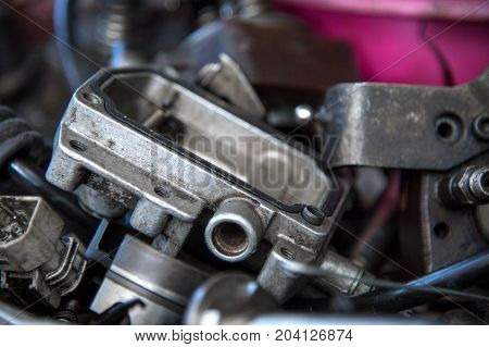 Close up The disassembled mechanical high-pressure diesel pump. Components of the mechanism. Service of maintenance of diesel equipment