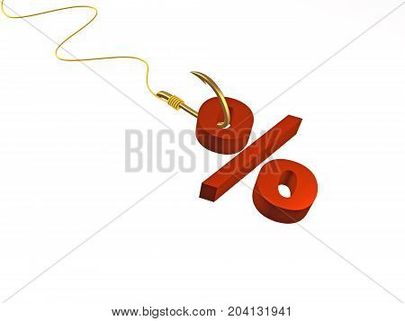 Hook with percent sign on white background 3D illustration.