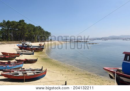 Arousa Island Boats On The Beach Praia Cabodeiro, Pontevedra Province, Galicia, Spain
