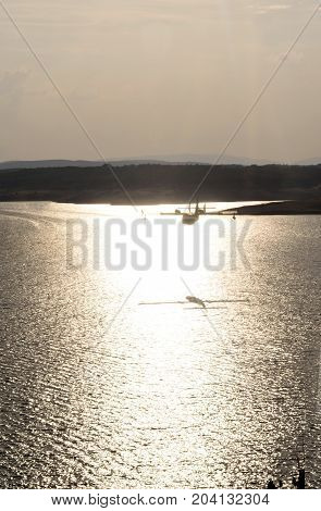 Hydroplane Collecting Water In The Valparaiso Reservoir, Culebra, Zamora Province, Castilla Y Leon,