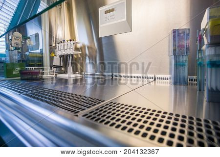 Laboratory work at a blank steril bank. Cell splitting work.