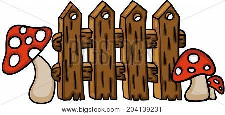 Scalable vectorial image representing a wooden fence with red mushrooms, isolated on white.
