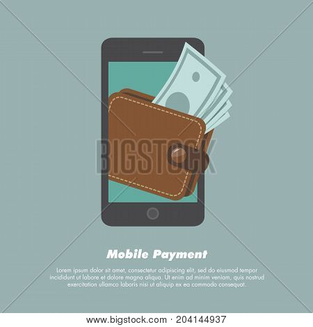 Mobile payment concept. Phone and wallet. Vector illustration.