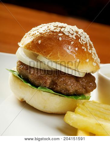 Hamburger with french fries.  , сlose up meal