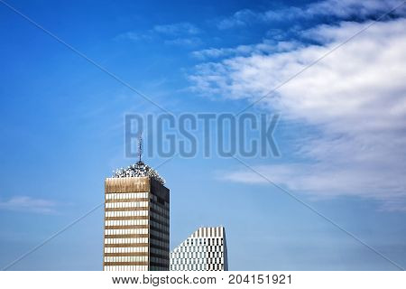 View on top part of skyscrapers on Vinohradska StreetPrague 3 area Zizkov Prague Czech Republic sunny day blue sky 7.august 2016