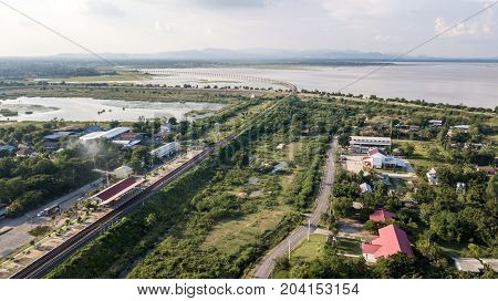 Aerial View Ban Kok Slung Pa Sak Dam Lopburi Thailand Interstitial River