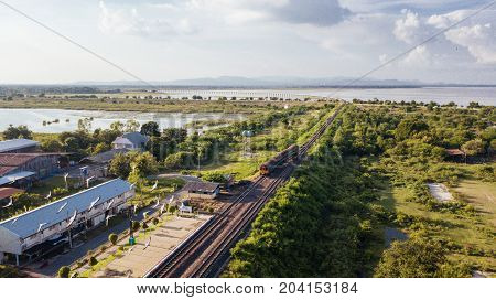 Aerial View Train Station Ban Kok Slung Pa Sak Dam  Lopburi Thailand