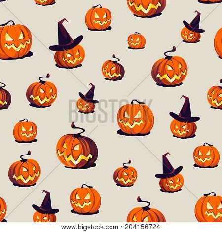 Seamless Halloween Pattern with Pumpkins on light background.