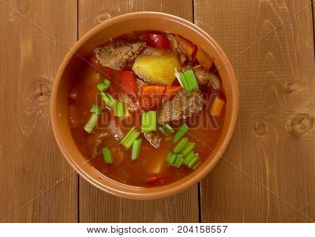 Traditional Bulgarian soup chorba.shurpa soup Close up meal studio