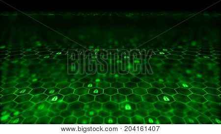 Blockchain network concept. Distributed ledger technology. Locks are located in Hexagonal cells on black background. 3d rendering illustration. Big data node base concept.