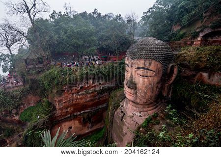 View of the Buddha statue in Leshan, China. Leshan Buddha is the world's largest statue of Buddha, whose height is 71 meters.
