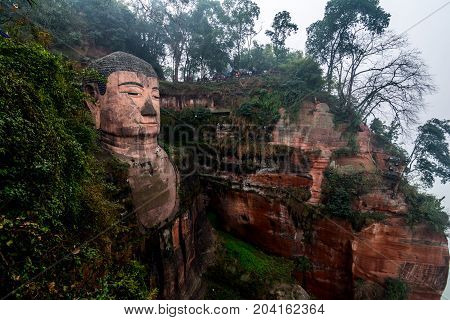 View of the Buddha statue in Leshan, China. Leshan Buddha is the world's largest statue of Buddha, whose height is 71 meters.