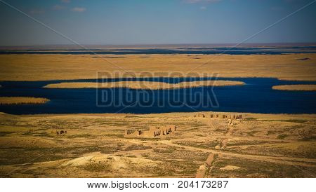 Landscape of Sudochye lake aka part of former Aral sea at Urga fishing village at Karakalpakstan Uzbekistan