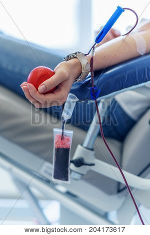 Young Caucasian Woman With Toy Heart In The Hand Donates Blood For Saving Lives And Medical Research